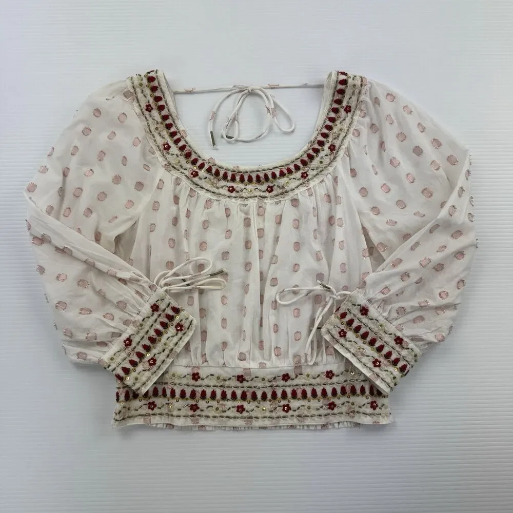 Anthropologie Beaded Embroidered Peasant Crop Top Small Boho India Metallic Dot